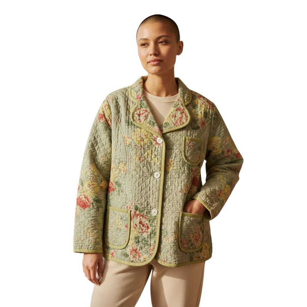 Kiko Jacket Women’s Size M Green Floral 100% Cotton Brand New Y2K